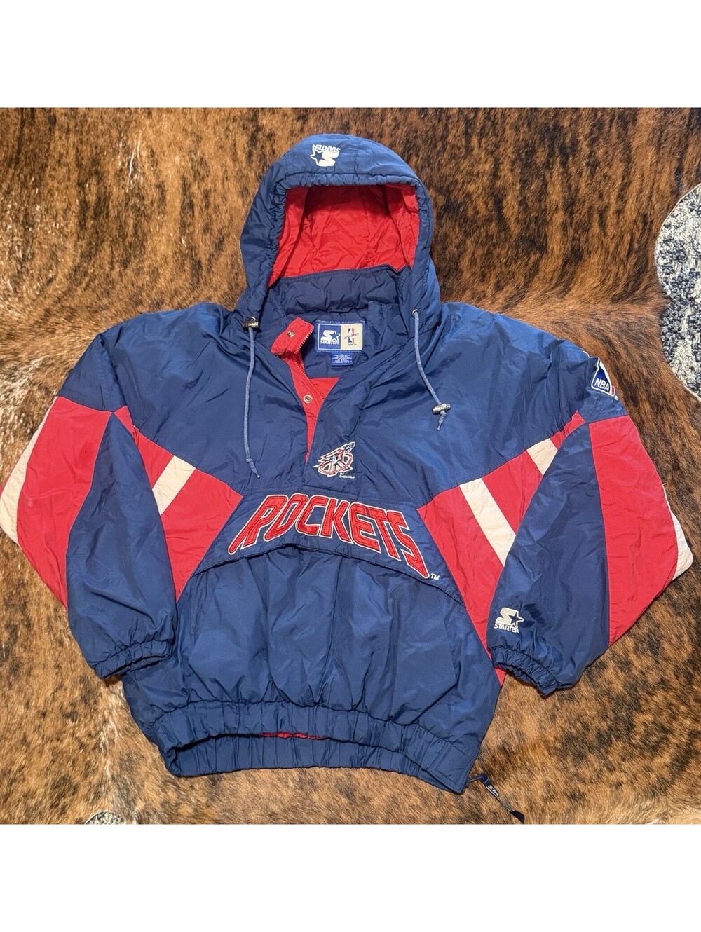 Vintage 90s Houston Rockets Starter Jacket Puffer Pullover Anorak Hooded Mens L